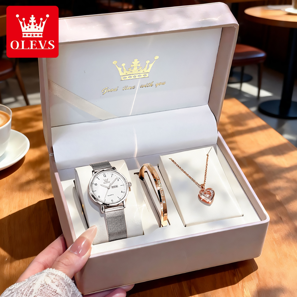 Watch Display Box - OLEVS 2996 女性腕時計オリジナルエレガントなスリムクォーツ時計防水デュアルカレンダー表示時計女性のためのギフトボックスリロイ
